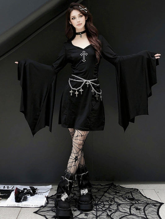 Gothic Punk Black Cross V-neck Flounce Bell Sleeves Dress with Waistchain Set