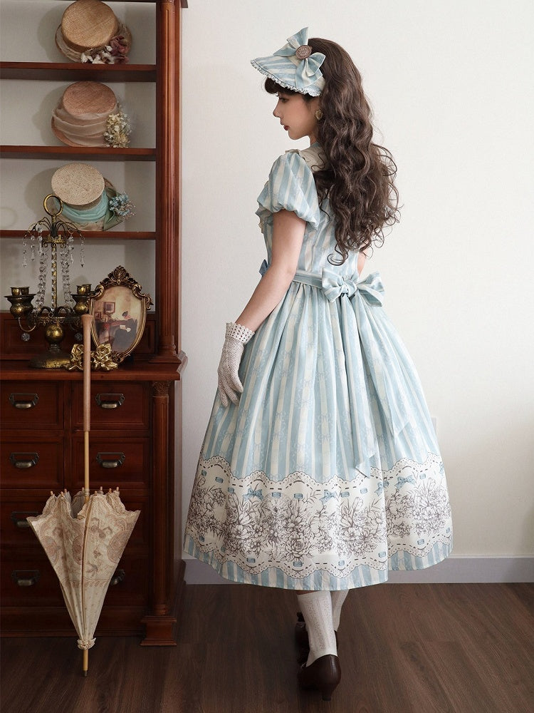 Embroidery One Bodice Piece Blue Floral Striped Classic and Bowknot Version Lolita Pattern Long