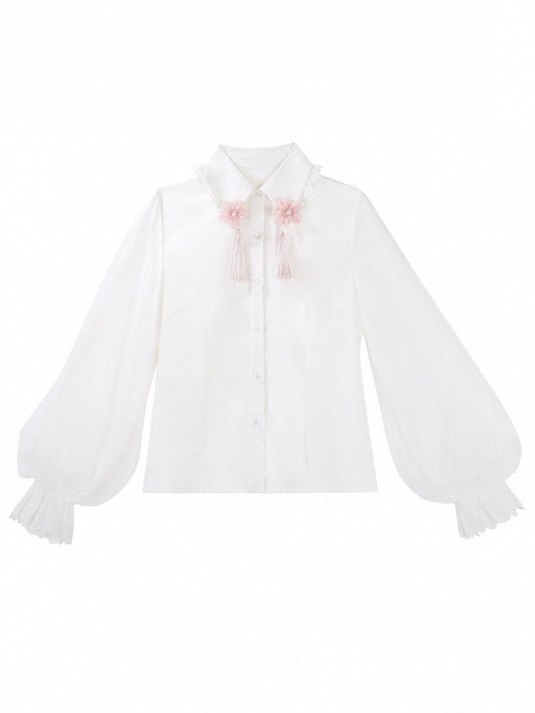 Pink Floral Accent Chinese-Inspired Lolita Blouse in White, Long-Sleeved - Han Ru Chu Hanfu &amp; Han-Element Studi