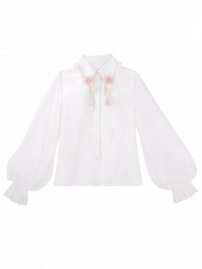 Pink Floral Accent Chinese-Inspired Lolita Blouse in White, Long-Sleeved - Han Ru Chu Hanfu &amp; Han-Element Studi