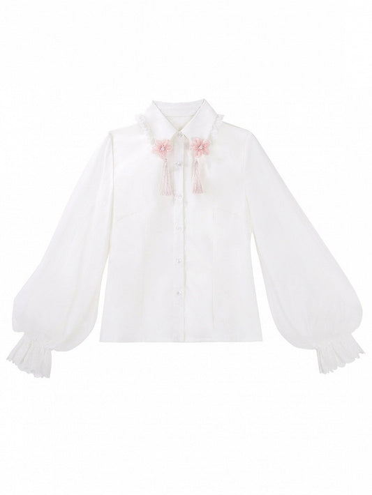 Pink Floral Accent Chinese-Inspired Lolita Blouse in White, Long-Sleeved - Han Ru Chu Hanfu &amp; Han-Element Studi