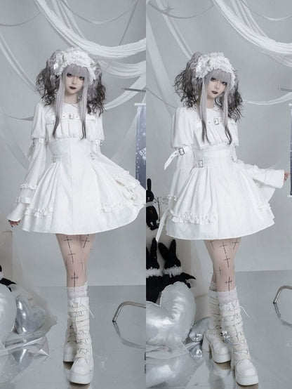 White Gothic Lolita Bell Sleeve Dress with Lace and Metal Buckle Accents - Kuroya