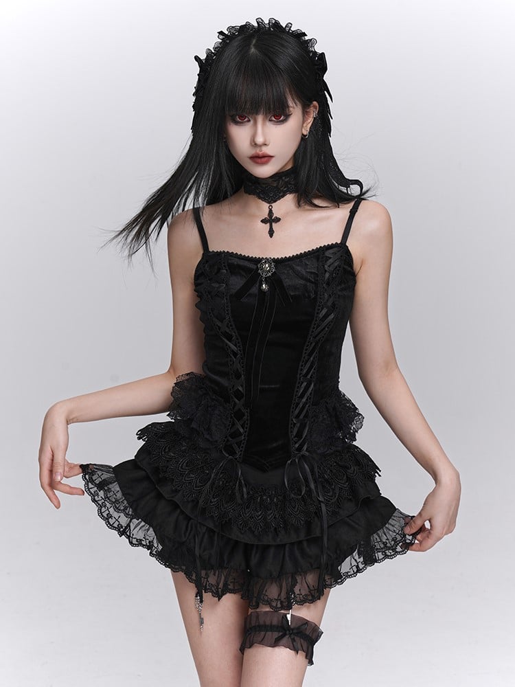 Gothic Cami Top Bow Gemstone Black with Crisscross Lacing
