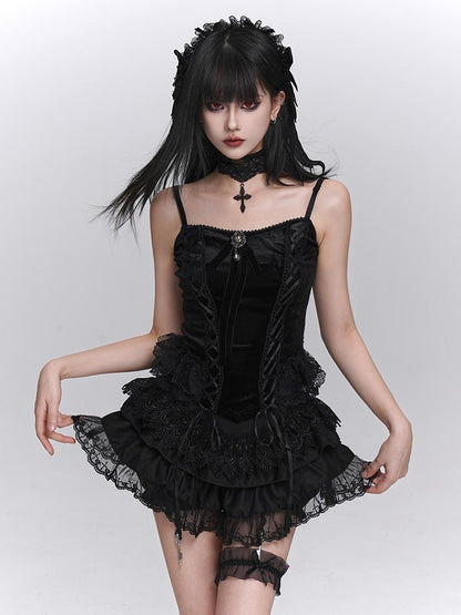 Gothic Cami Top Bow Gemstone Black with Crisscross Lacing