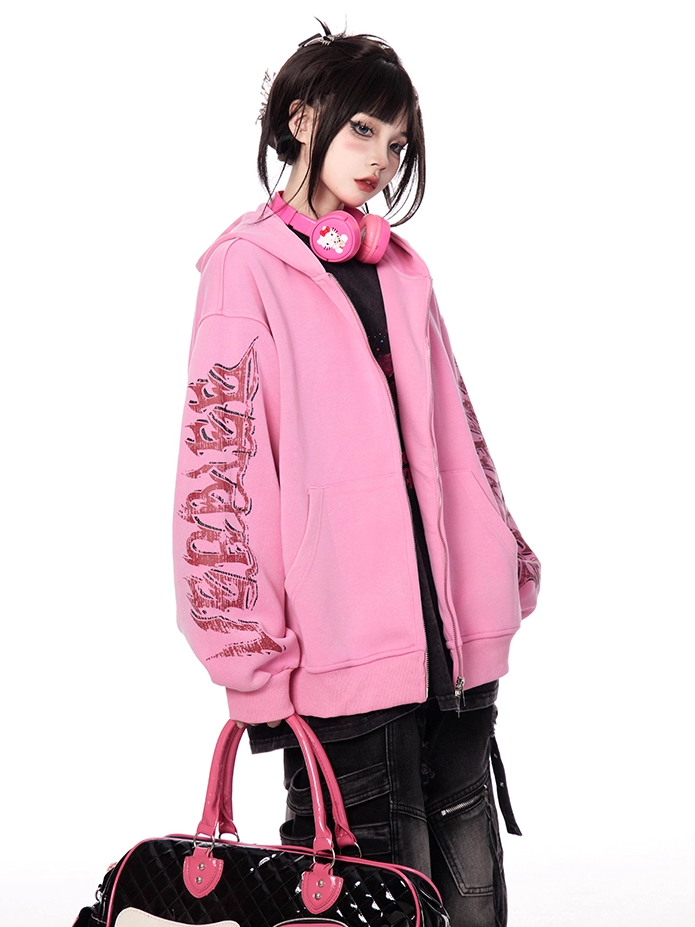 Rosa Brief Drucken Ärmel Zip-up Hoodie Herbst für