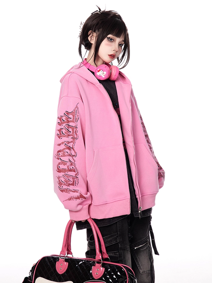 Rosa Brief Drucken Ärmel Zip-up Hoodie Herbst für