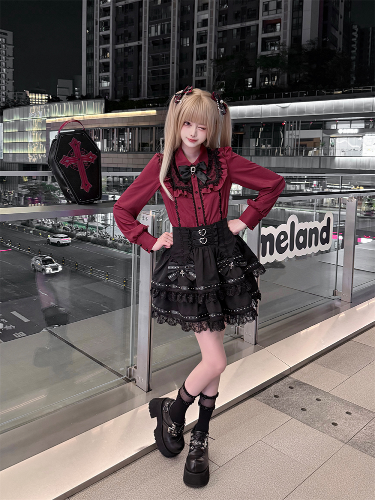 Lace Wine Black Trim Red Blouse Kei Jirai Bittersweet with Long Sleeves