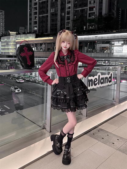 Lace Wine Black Trim Red Blouse Kei Jirai Bittersweet with Long Sleeves
