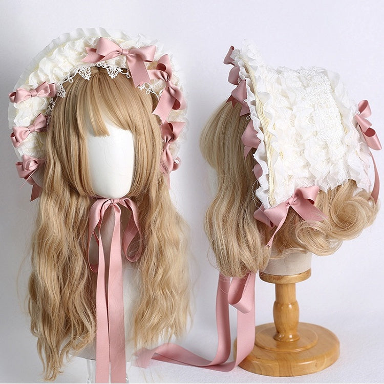 Farben: Abnehmbare Lolita-Haube mit Schleife, Spitzenbesatz und süßem, elegantem Beige 12