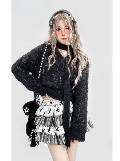 Black&White Star Print Tiered Skirt