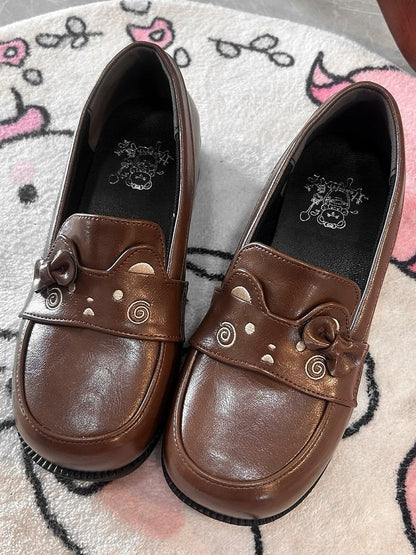 Brown Preppy Style Loafers with Bow Accent & Bear Motif
