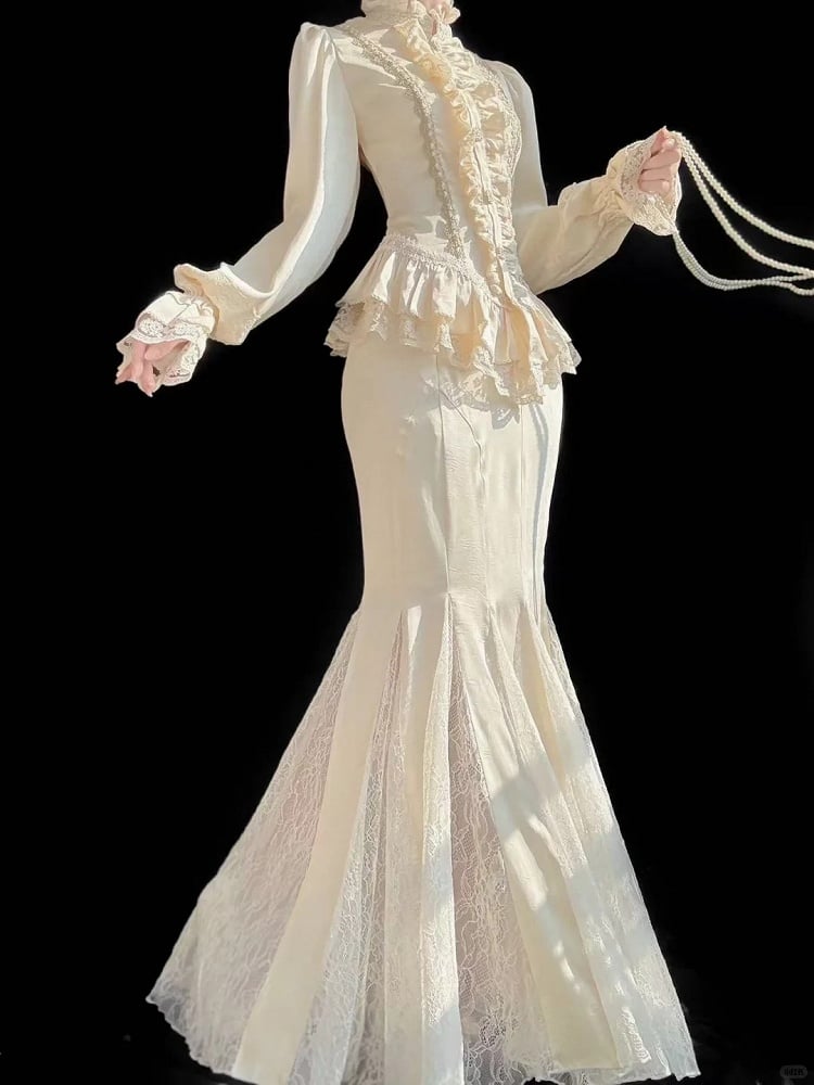 Lace Details with Skirt Mermaid Lolita Apricot Classic Elegant