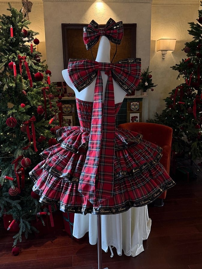 with Dress and Halter Black Ruffles Plaid Punk Red Ribbon Sweet Neck Bows Lolita