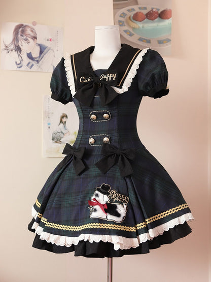 with Lace Plaid Trim Sweet Lolita Green and Black Dress Puppy Patch