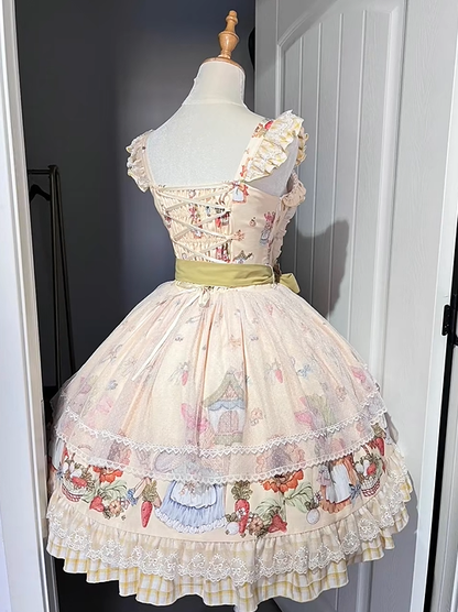 Lolita Overlay Sweet Plaid Bunny Print with and Yellow Dress JSK Sunflower Hem