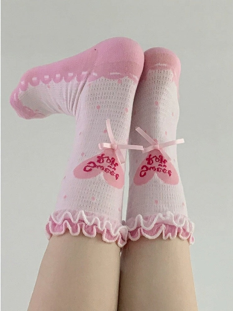 Polka Dot Heart Ankle Socks with Ruffle Lace Trim, 8 Colors - ROJI ROJI
