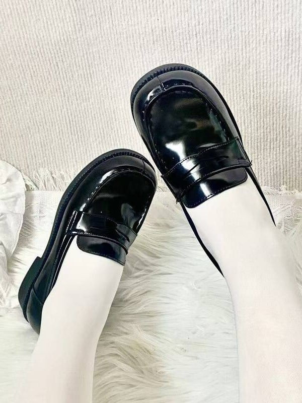Black Square Toe JK School Polished Thick Sole Shoes - MUMA Lolita