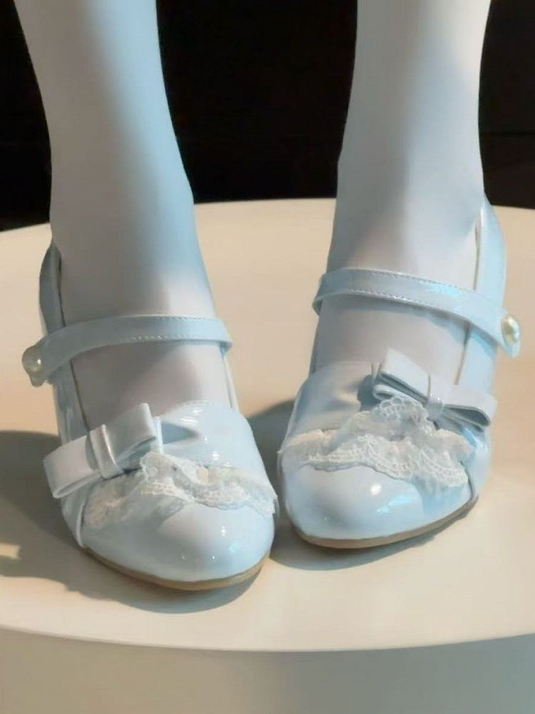 Lolita Style Sweet - with PU Lace Detachable Blue Heels Trim Leather