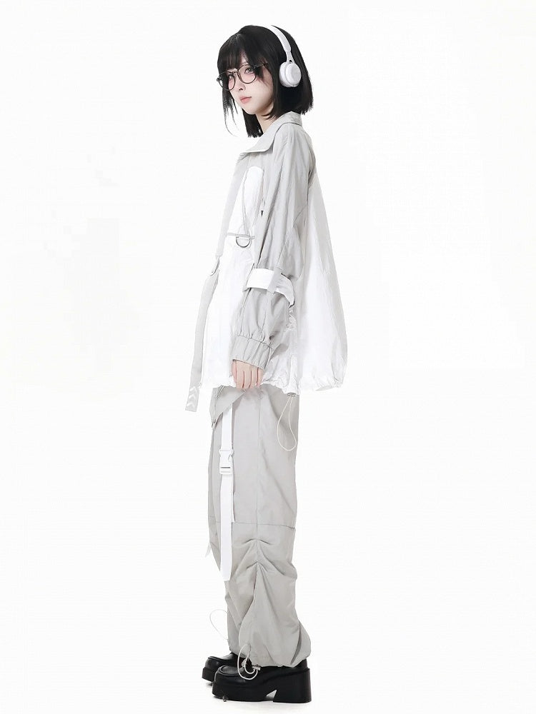 Pants Gray Drawstring Cuffs Snap Details Techwear