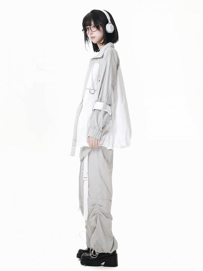 Pants Gray Drawstring Cuffs Snap Details Techwear