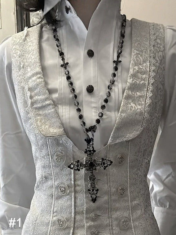 Black Gothic Beaded Necklace with Cross - Boobi Shop