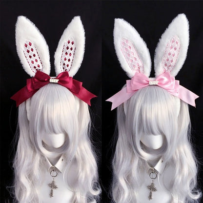 Bow Decorated Alice Diamond KC White Pattern Ear Bunny Lolita Faux Pink/Red/Black/Black with Vibes