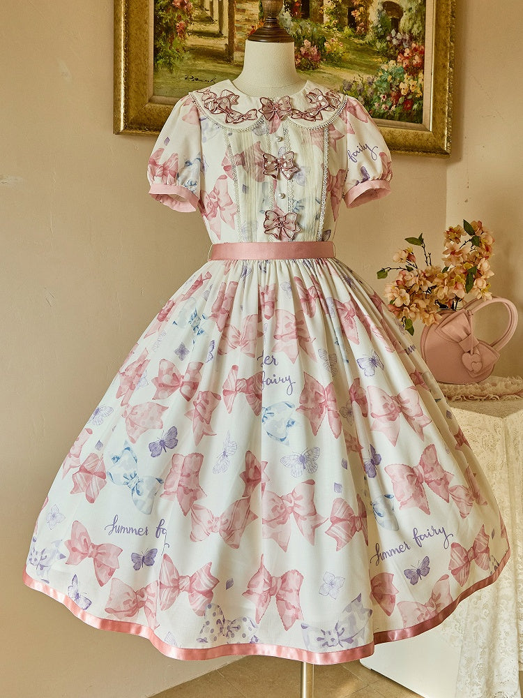 Pink Bow Peter Pan Collar Lolita Dress Bows and Butterfly Print One Piece