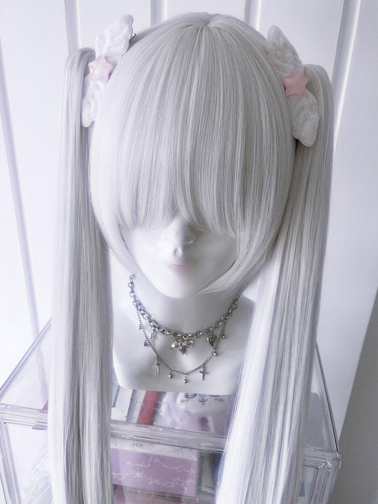 ポニーテール クロークリップ 長さ ダブルウィッグ 前髪 70cm フルショート 30cm ストレート + ホワイト