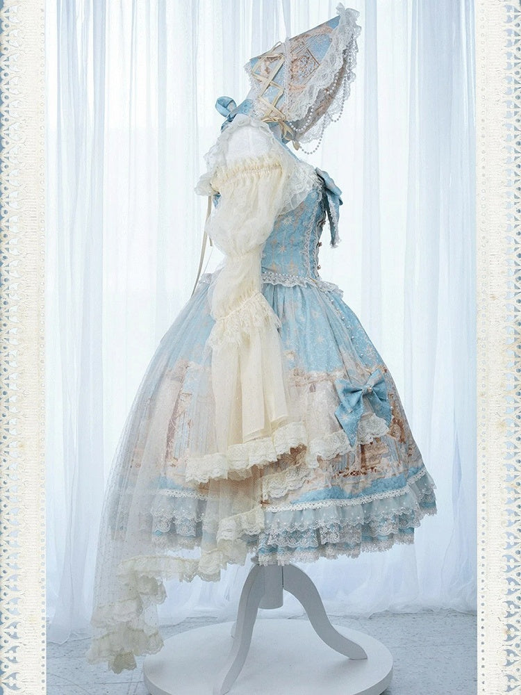 with Skirt Dress Classic Elegant Unicorn Lolita Beaded Chain Print and Waist Blue Overlay