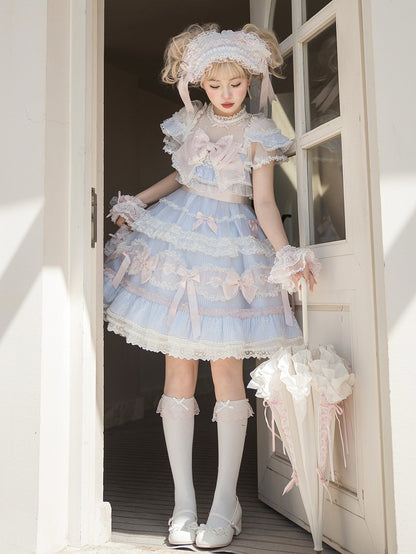 ストライプのリボン柄のスイートな装飾のドレス ロリータ ブルー ピンク