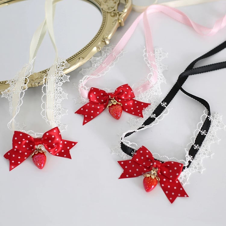 Dot Lace Strawberry - Choker Lolita Bow Polka 4-Color Design