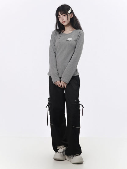 Black Techwear Wide-Leg Cargo Pants with Multi Pockets - PINK SAVIOR