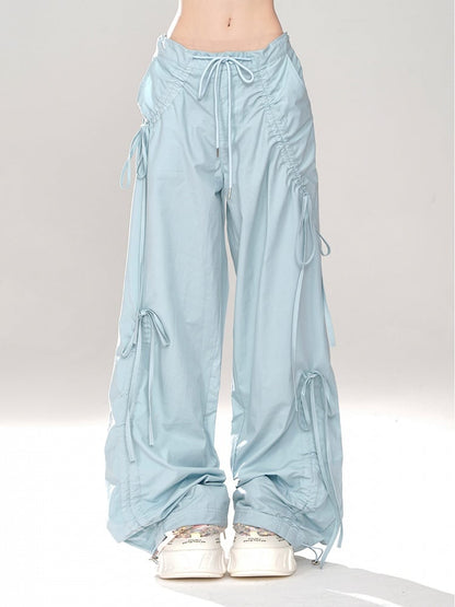 Blue Low Waist Wide-Leg Pants with Asymmetrical Drawstring Bows