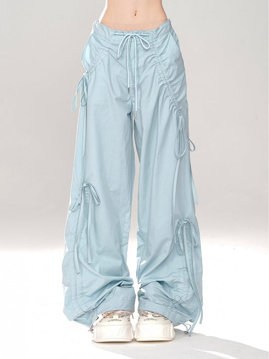 Blue Low Waist Wide-Leg Pants with Asymmetrical Drawstring Bows