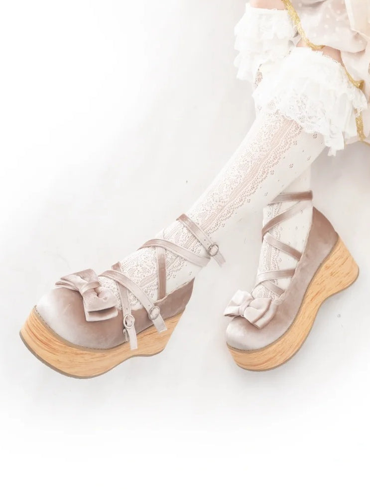Absatz mit für Beige - Riemchen Janes Gekreuzte Süße Schleife Plateau Dekor Lolita Mary