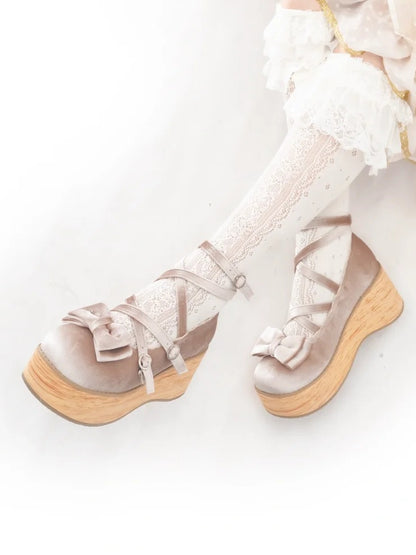 Absatz mit für Beige - Riemchen Janes Gekreuzte Süße Schleife Plateau Dekor Lolita Mary