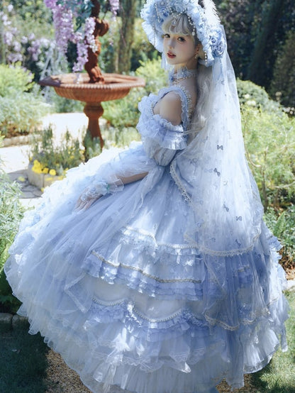 Bonnet Veil Lolita Floral Design and Sequined Blue with Details Hanayome Bead