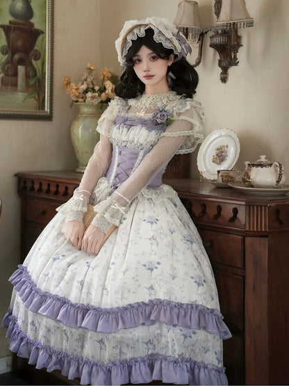 Voller Lolita-Druck, Iris, Blumenmuster, Miederkleid mit Knochen, Korsett, klassisch, Lila, JSK