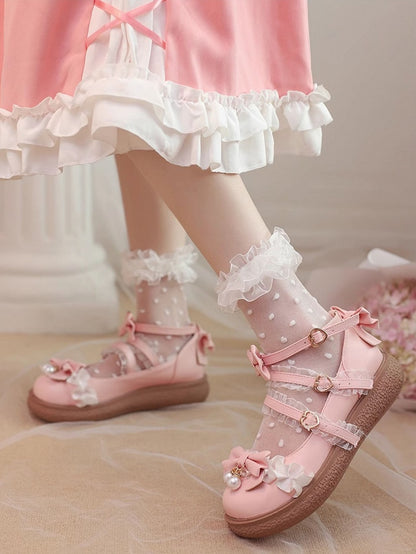 Ruffles Lace Lolita Beaded with Charm Pink Bow Ornate Flats Top - Crisscross Hime Straps