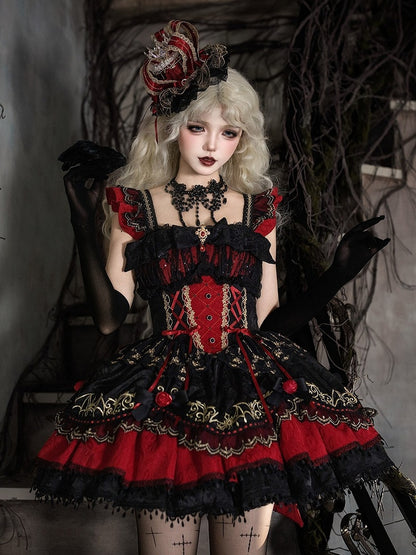 Gothic Lolita JSK Dress with Bat Pattern and Floral Embroidery in Black and Red - Dream Magic Box