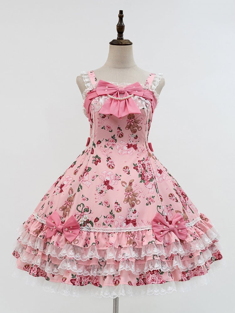 Trim Pink Floral Sweet Dress Lace Bow Lolita Accents Bunny and with Print