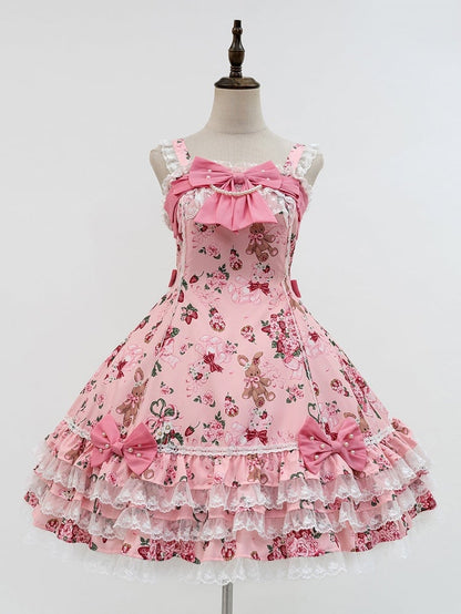 Trim Pink Floral Sweet Dress Lace Bow Lolita Accents Bunny and with Print