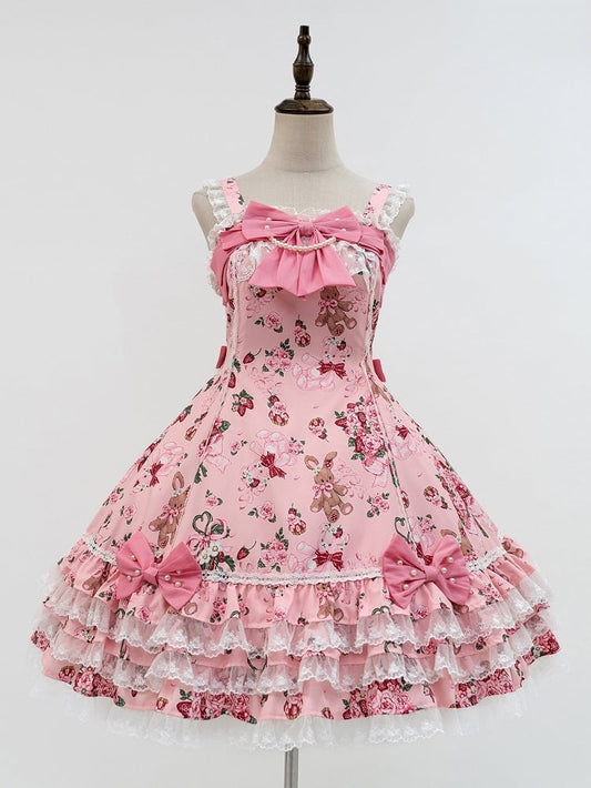 Trim Pink Floral Sweet Dress Lace Bow Lolita Accents Bunny and with Print