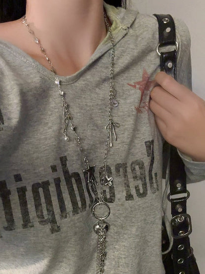 Y2K Silver Long Key Necklace with Star & Bow