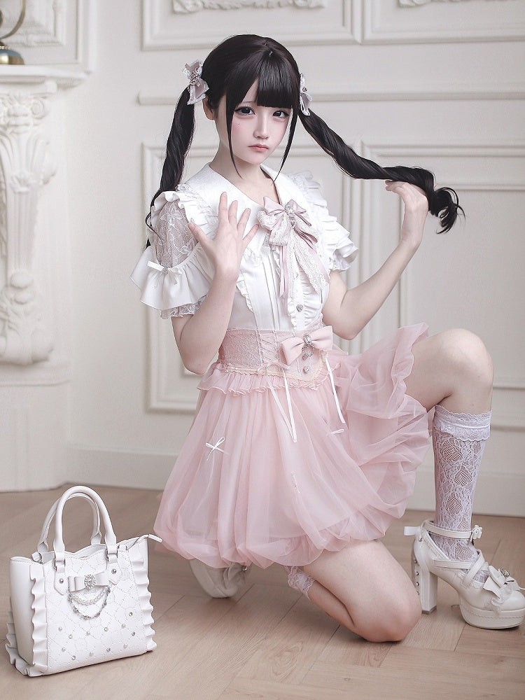 Pink Bubble Skirt with Detachable Rhinestone Bow - Ekomi