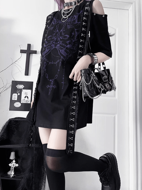 Cutout Punk T-shirt Shoulder Design Emo BlackPurple