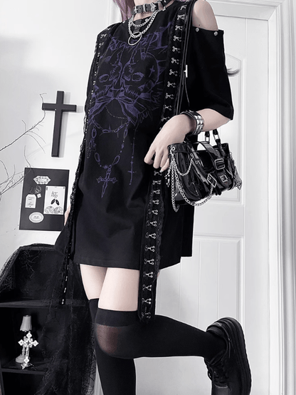 Cutout Punk T-shirt Shoulder Design Emo BlackPurple