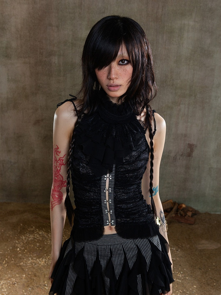 Top Black Floral Cami Gothic Frayed with Front Closure Embroidered Lace Hook-Eye Punk Straps