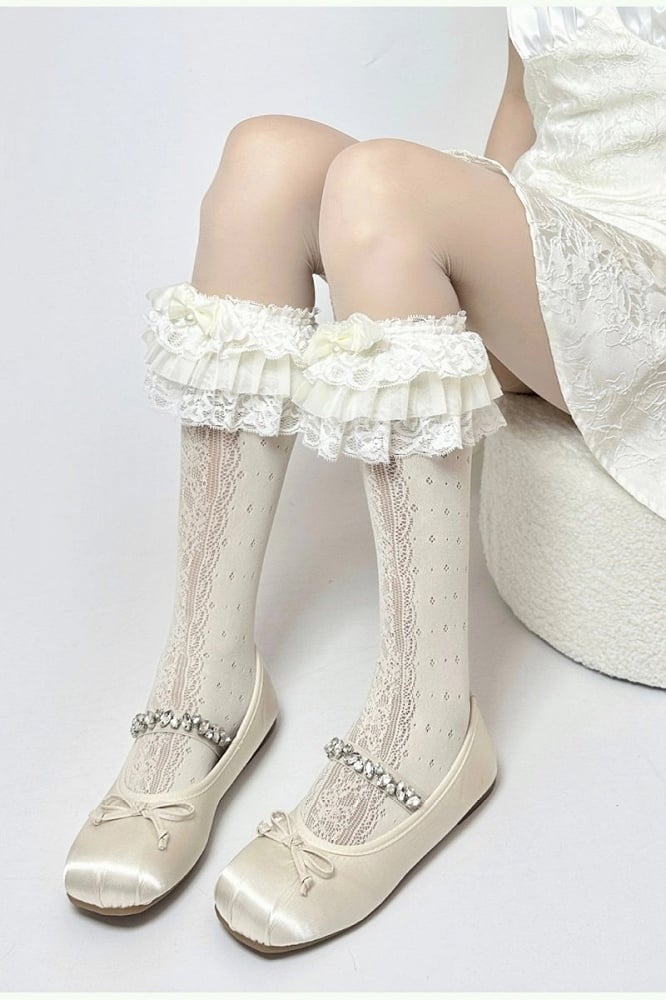 Style Ruffled White) Calf Lace (Color: Layered Bow Lolita Socks