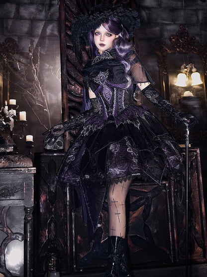 Black & Purple Bone Dragon Embroidery Halter Neck Gothic Lolita Dress Set - Ying Luo Fu